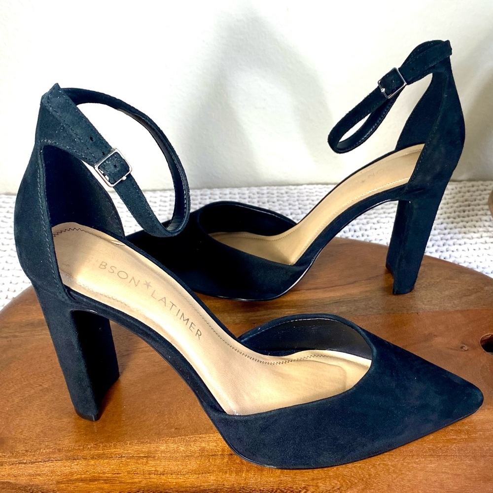 Gibson Latimer Penny Black Suede Ankle Strap Block Heel Pumps